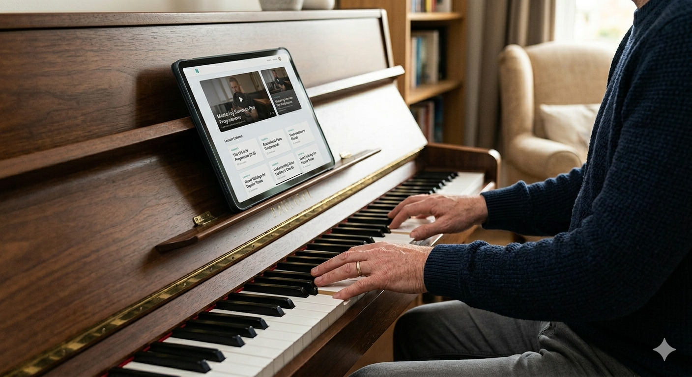 Adult piano student practicing pop songs in Cork