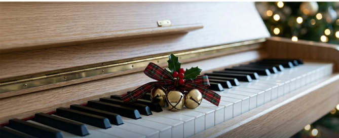 Piano keys, featuring a festive tartan ribbon for an easy piano tutorial and free sheet music for Jingle Bells.