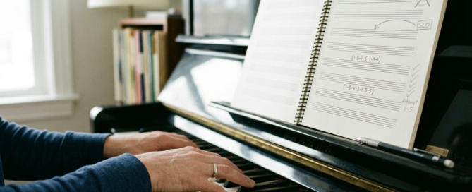 Close-up photograph of a pianist's hands on the keys, illustrating targeted **piano practice tips** to isolate and resolve technical challenges