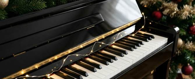 Piano keyboard decorated with warm fairy lights and festive Christmas greenery for an easy Deck the Halls tutorial and free sheet music.