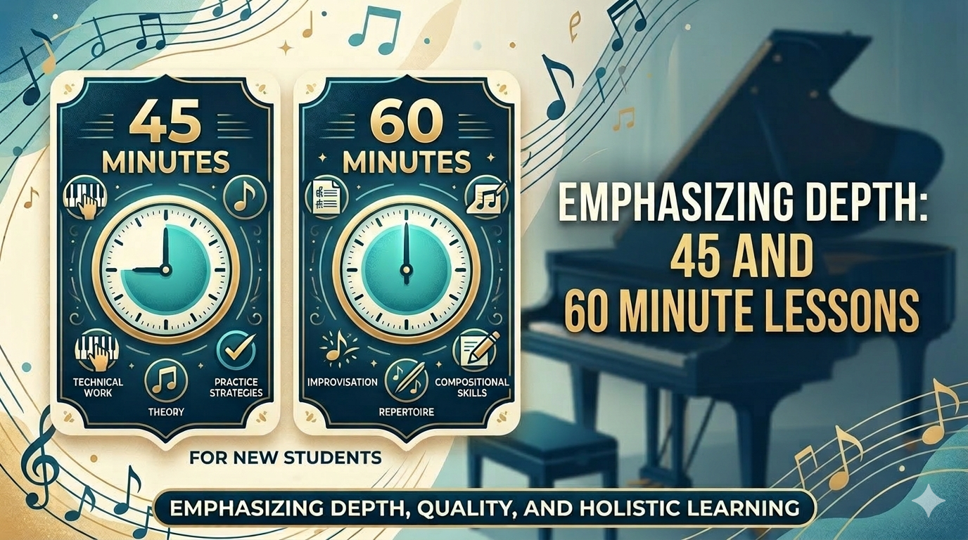 Infographic explaining effective piano lesson length for new students