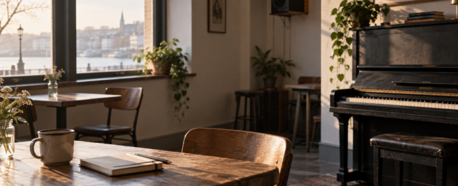 Quiet cafe with a piano and notebook, reflecting on music, silence, and attention.