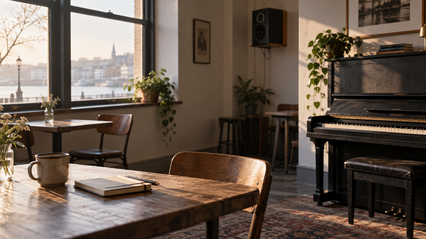 Quiet cafe with a piano and notebook, reflecting on music, silence, and attention.