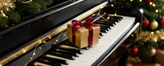 Close-up of a piano keyboard with festive Christmas decorations and warm lighting for a We Wish You a Merry Christmas tutorial and free sheet music.